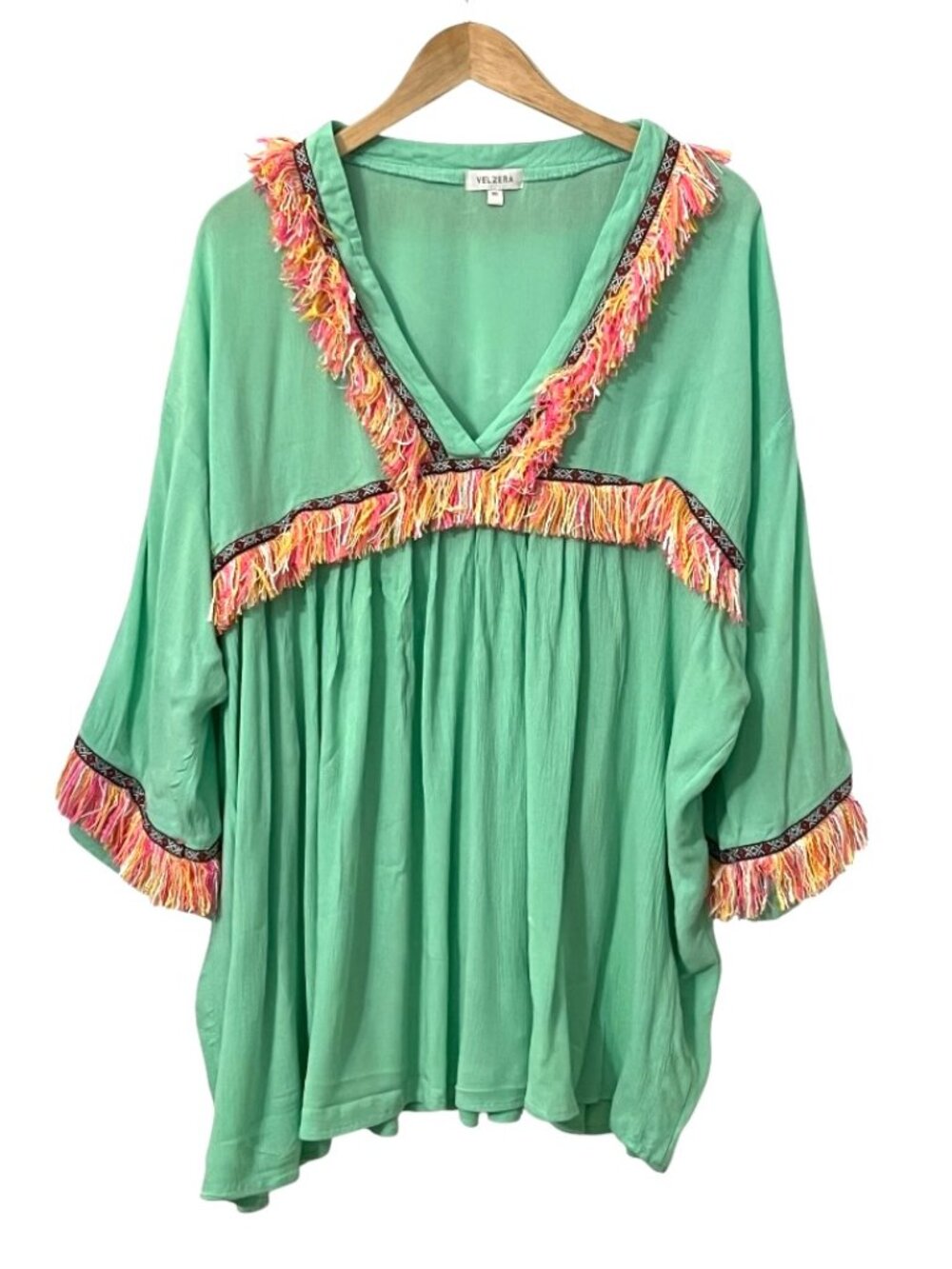 Velzera Womens Boho Tunic Top 1XL Mint Green Fringe Tassel Rayon Beach Cover Up